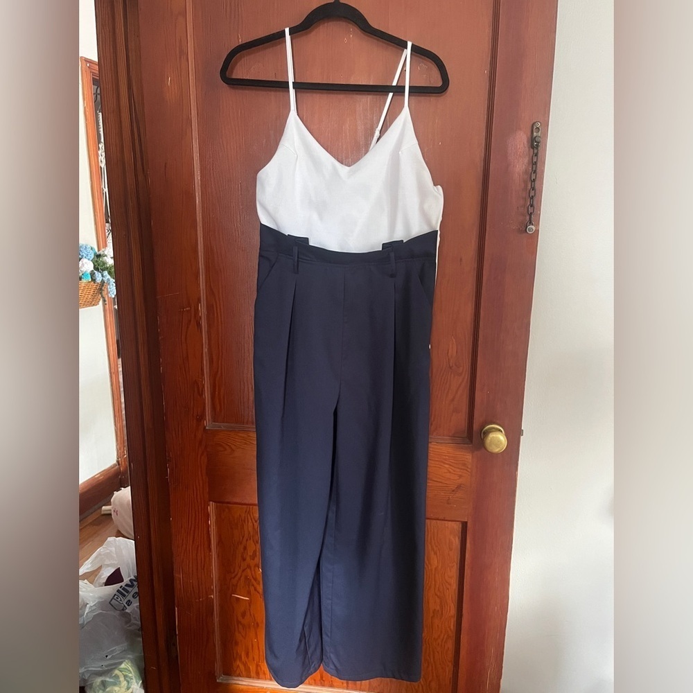 Forever 21 White and Navy Jumpsuit